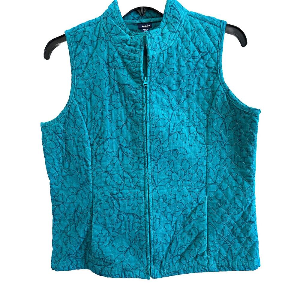 VTG Basic Editions Women's Quilted Corduroy Jacket Vest Size M Teal Floral
